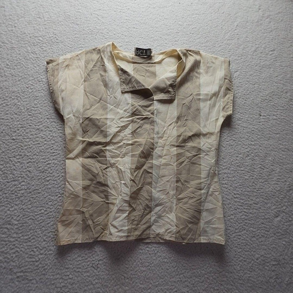 ACT III Blouse Womens 14 Beige Collared Short Cap Sleeve Stripe Vintage Top
